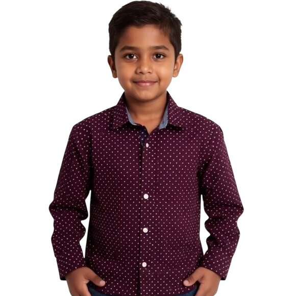 𝅺H&M L.O.G.G. Burgundy with White polka dots Button Down Shirt Size 7-8 years - Picture 1 of 7